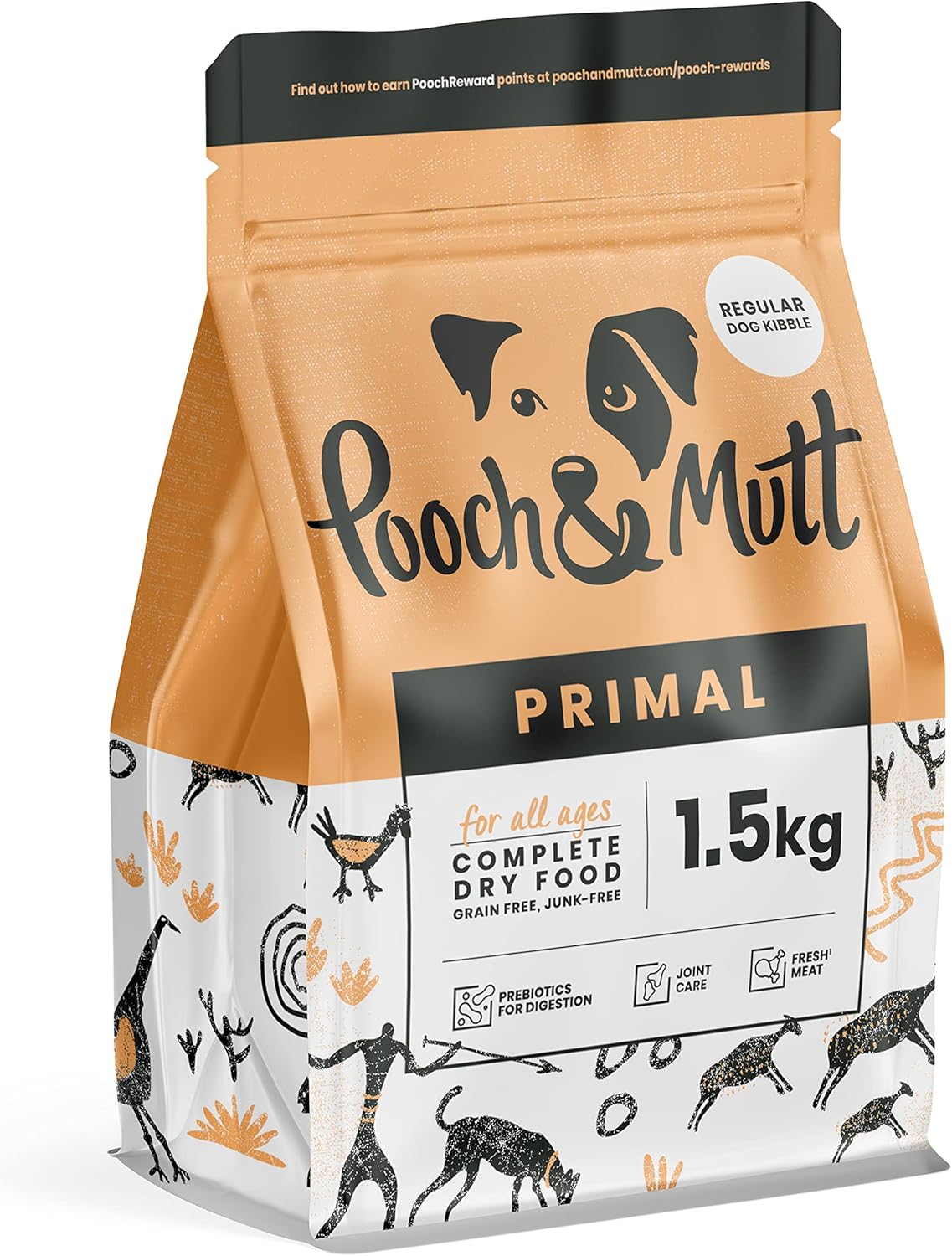 Pooch & Mutt – Primal High Protein Grain Free Dry Dog Food (Regular Sized Kibble), Lamb and Ostrich with salmon and chicken Flavour, 1.5kg
