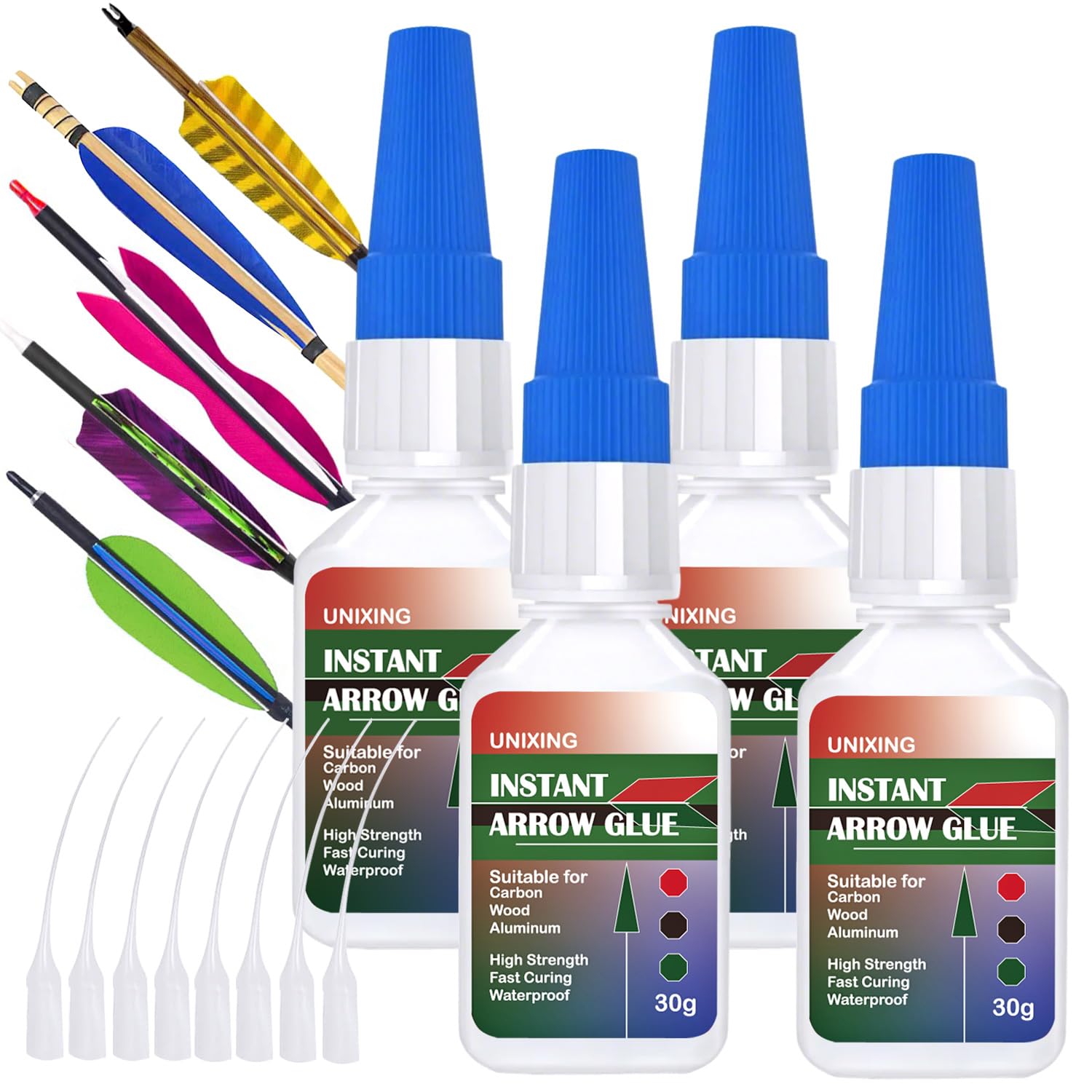 4 Pack Arrow Glue, Fast Curing Fletching Glue, Insert Clear Adhesive for Arrow Fletching, Arrow Inserts, Vanes, Feathers for Aluminium, Carbon and Wood Shafts (30g X 4pcs)