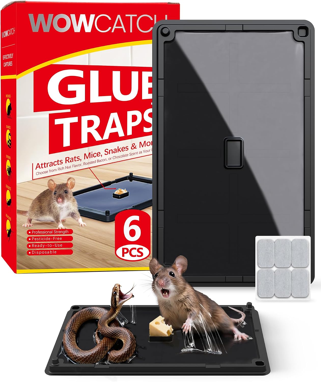 Wowcatch Rat, Snake and Mouse Traps 6 PK, Large Bulk Sticky Glue Traps | Home Pre-baited, Pet Safe Rodent Catcher for Garage, Kitchen, Catches Roaches, Spiders, Lizard, Non-Toxic, Large