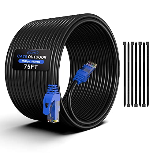 75FT Cat6 Outdoor Ethernet Cable, Heavy Duty Direct Burial, In-Ground, 24AWG CCA Patch Cord, POE, UTP, Waterproof, LLDPE UV Resistant, Network, Internet, LAN, Cat 6 Cable 75 Feet with 25 Cable Ties