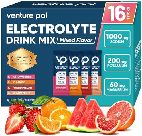 Venture Pal High Sodium Sugar Free Electrolytes Powder Packet, 16 Sticks | Hydration Packets with Vitamin, Sodium & Potassium, Zero Calories, Vegan, Keto & Paleo Friendly Electrolyte Drink Mix